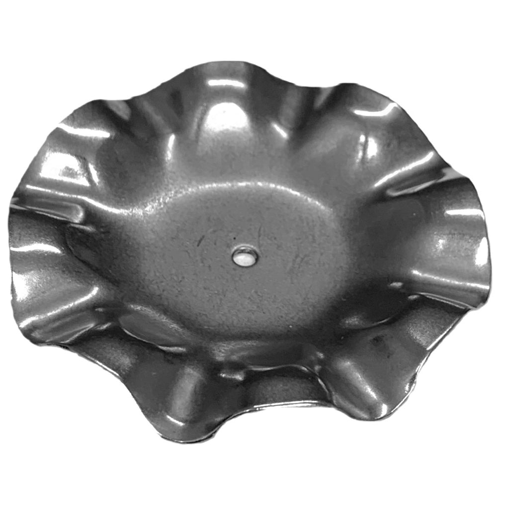 a silver candle plate made from steel with frilled edges