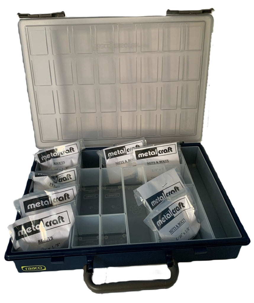 Raaco Storage Box with removable dividers Containing Rivets and Nuts and Bolts